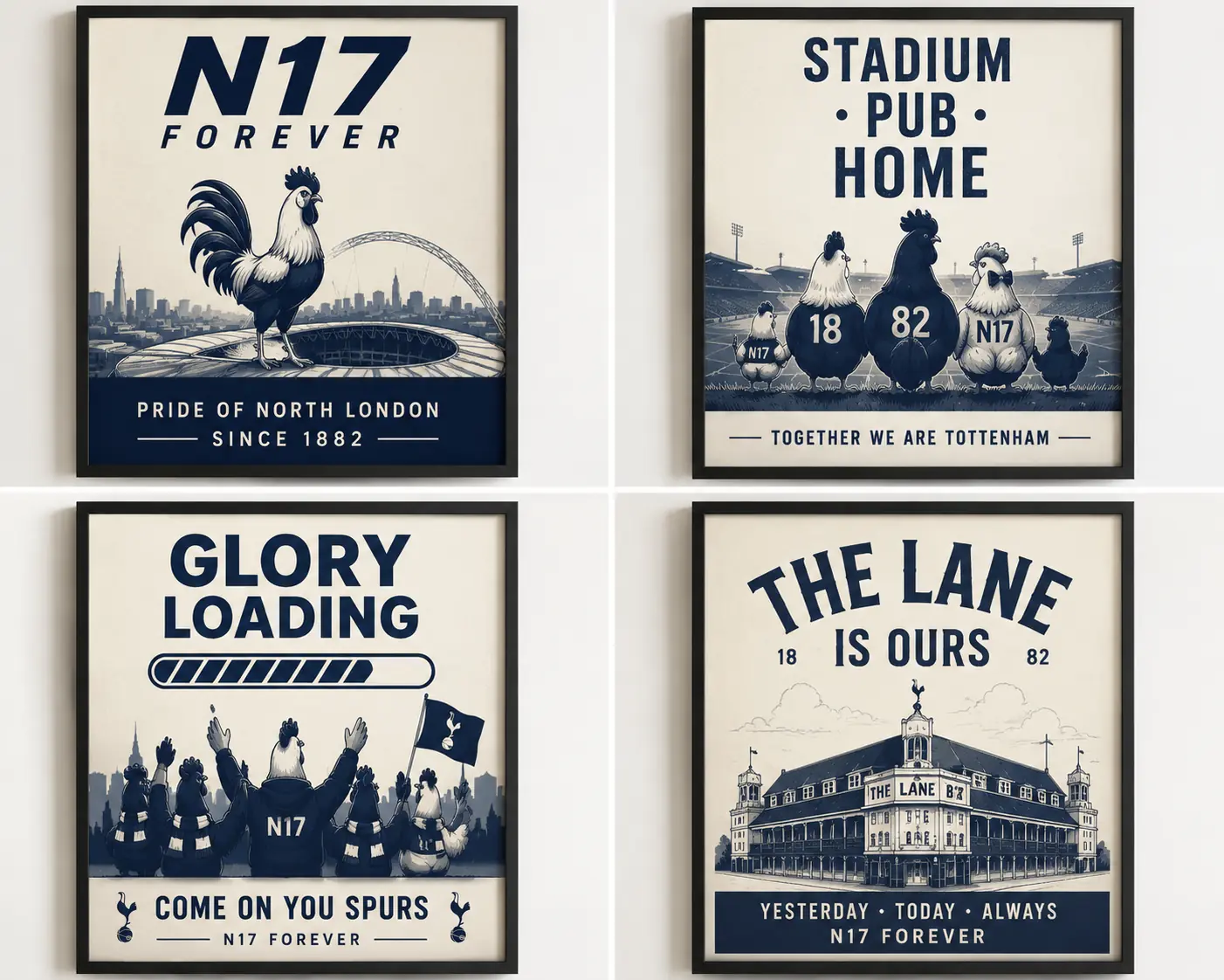 Original N17 Forever supporter artwork displayed as a gallery wall